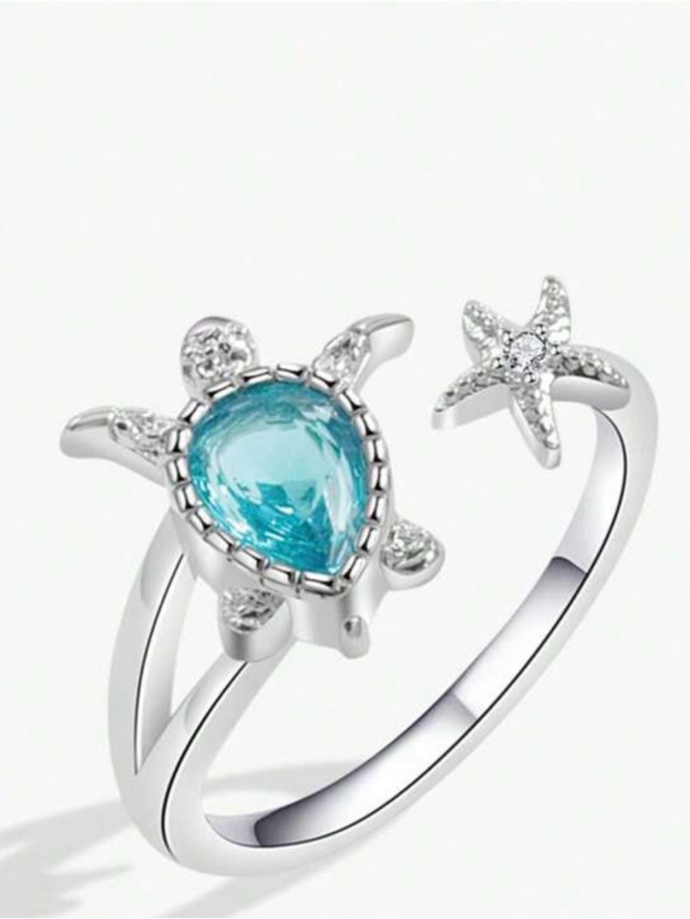 Silver Tone Turtle Open Ring with Aqua Blue Teardrop Stone Adjustable